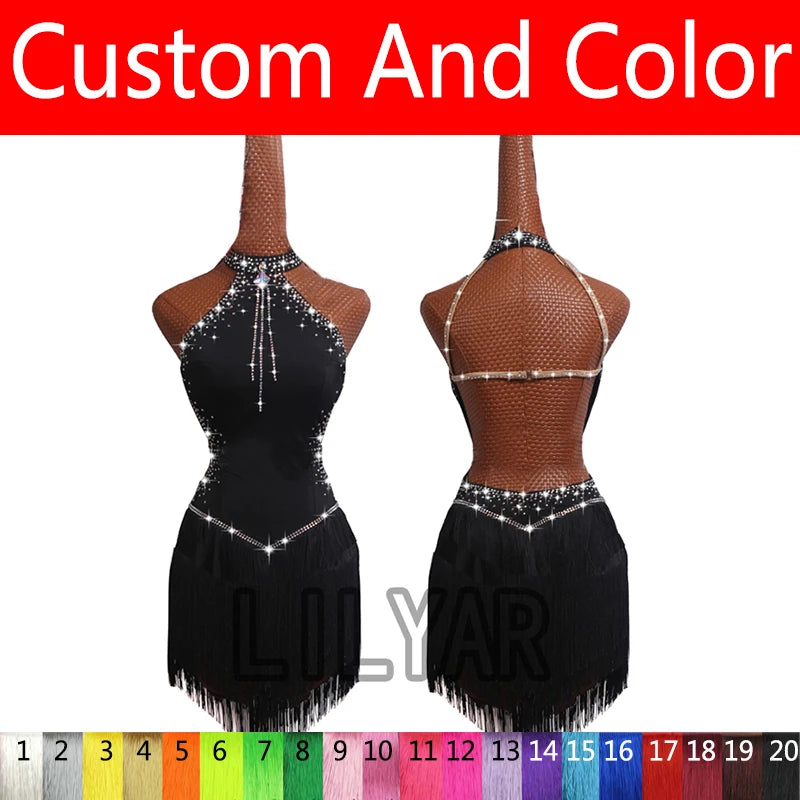High Collar Rhinestone Fringe Latin Dance Dress with Custom Size Options