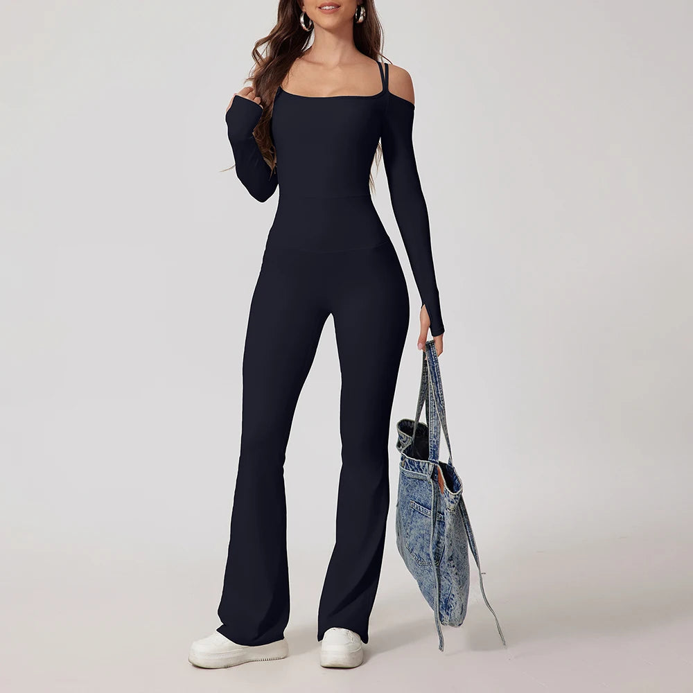 Women's Cold Shoulder Nylon Blend Workout Jumpsuit with Long Sleeves and Flared Legs