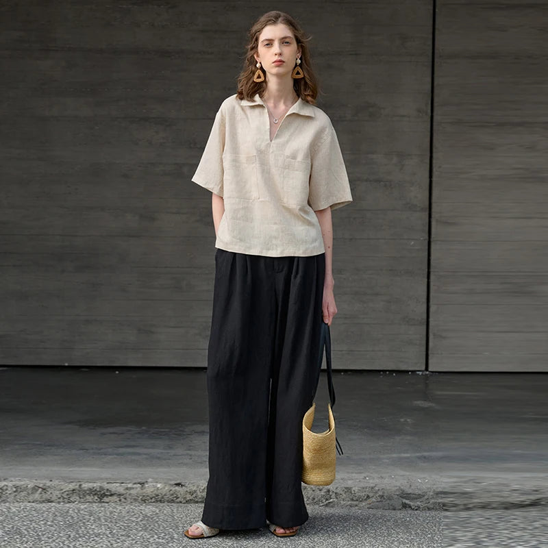 Women's Linen Loose V-Neck Short-Sleeve Pullover Shirt with Large Front Patch Pockets