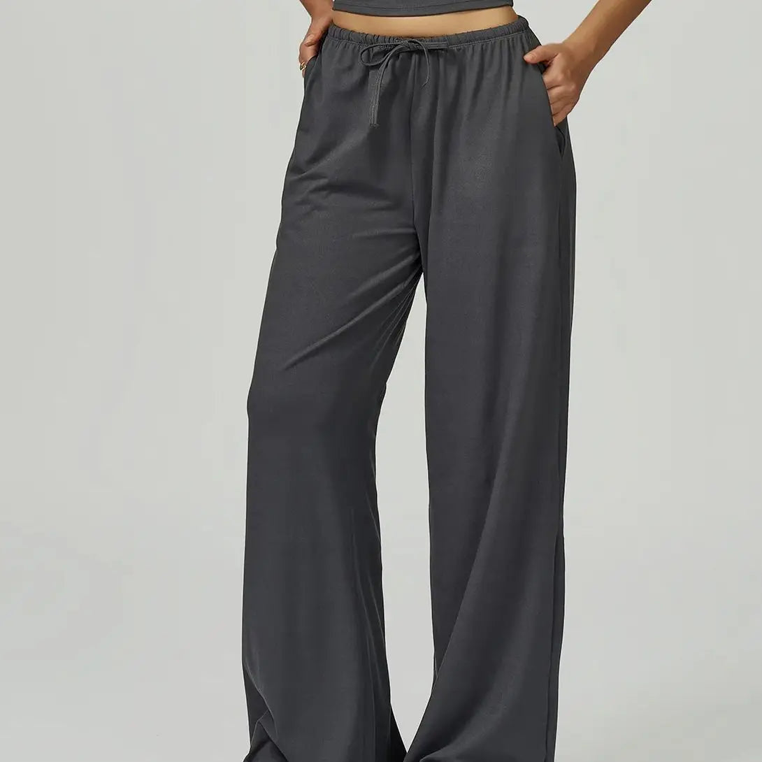 Women's Drawstring Waist Polyester Blend Palazzo Pants with Loose Wide Legs