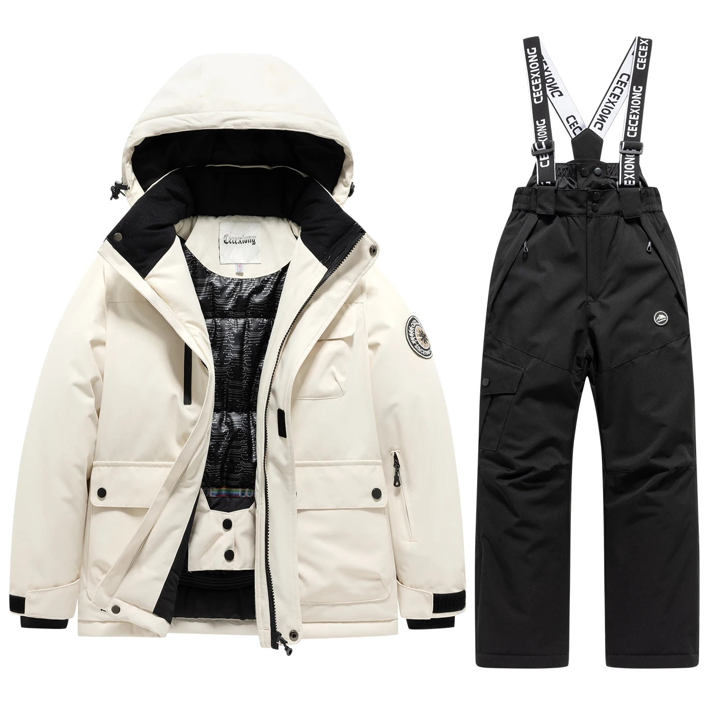 Children's Hooded Ski Jacket and Pants Clothing Set with Style Options
