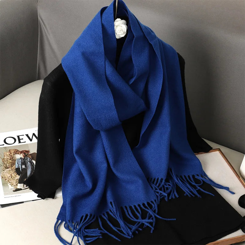 Solid Long Rectangular Scarf with Decorative Fringe Trim