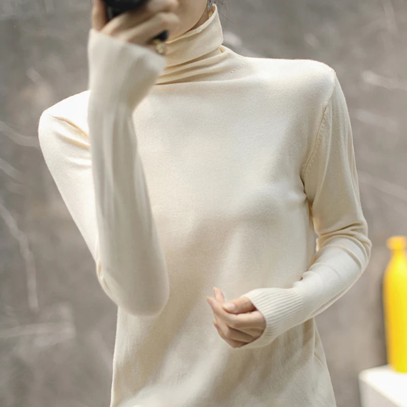 Women's Fitted Roll Neck Long Sleeve Sweater Casual Knit Layer
