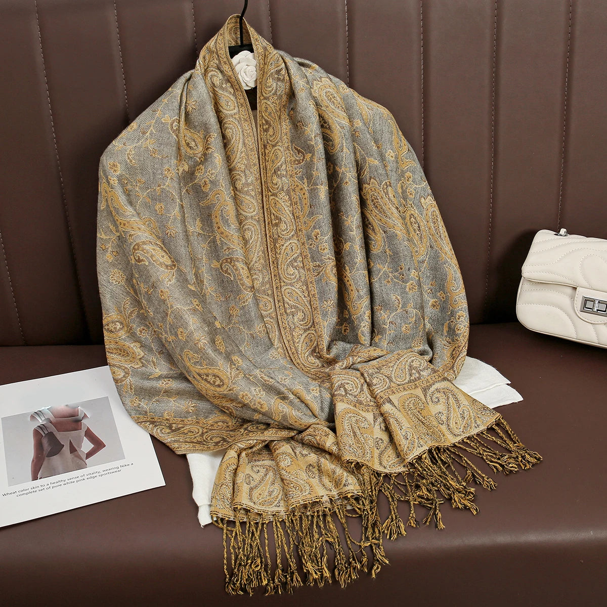 Paisley Floral Print Long Scarf with Fringed Ends