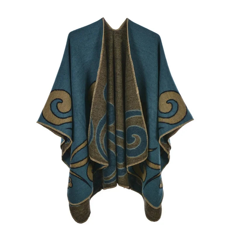Patterned Fringed Open Front Poncho for Layering over Outfits