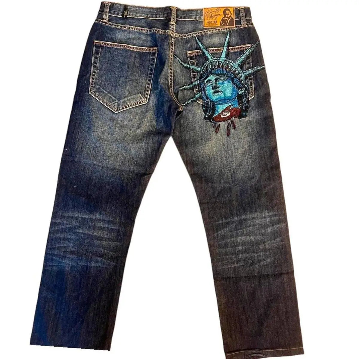 Women's Statue Graphic Blue Wide Leg Denim Jeans