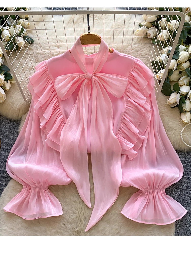 Women's Bow-Neck Long-Sleeve Blouse with Gathered Sleeves for Everyday and Office Outfits