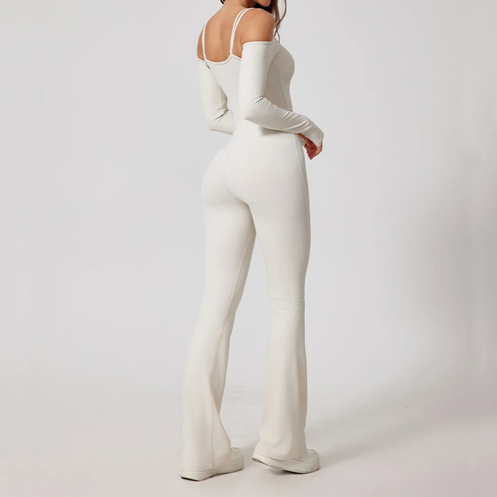 Women's Cold Shoulder Nylon Blend Workout Jumpsuit with Long Sleeves and Flared Legs