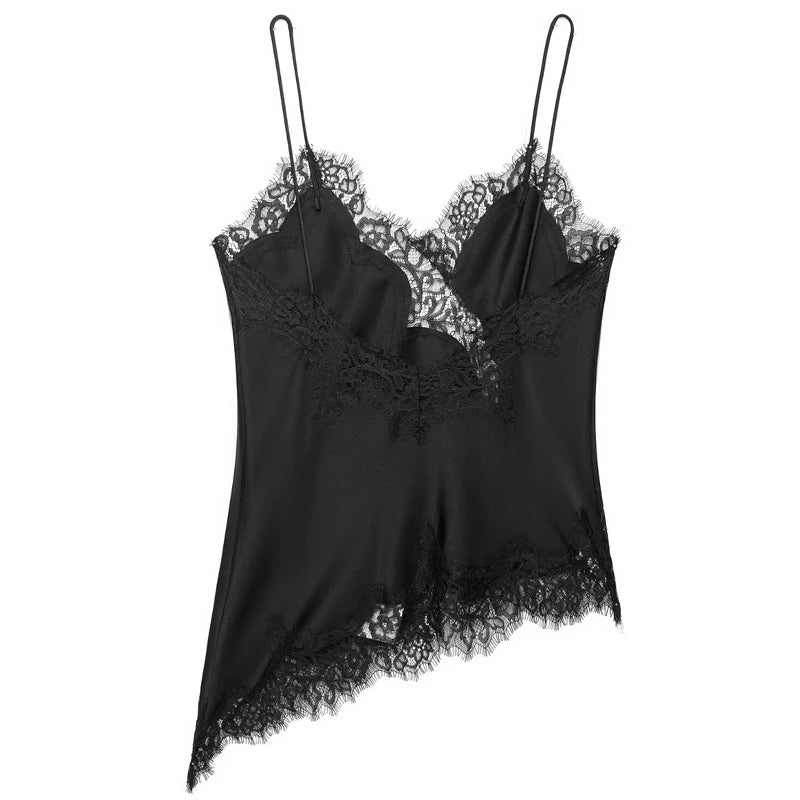 Women's Asymmetric Satin Camisole with Lace Trim and Thin Shoulder Straps