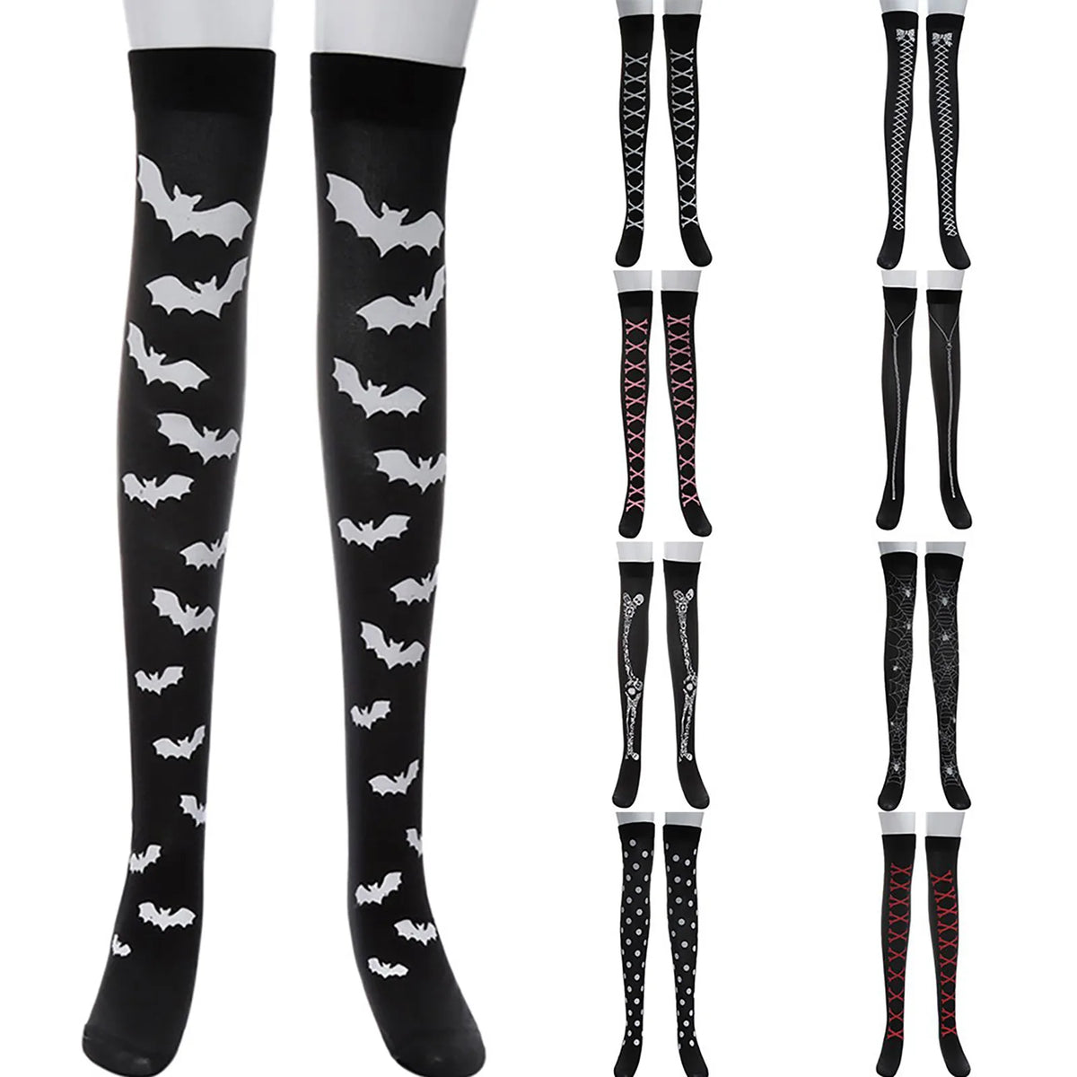 Patterned Knee High Stockings with Bat and Spiderweb Designs