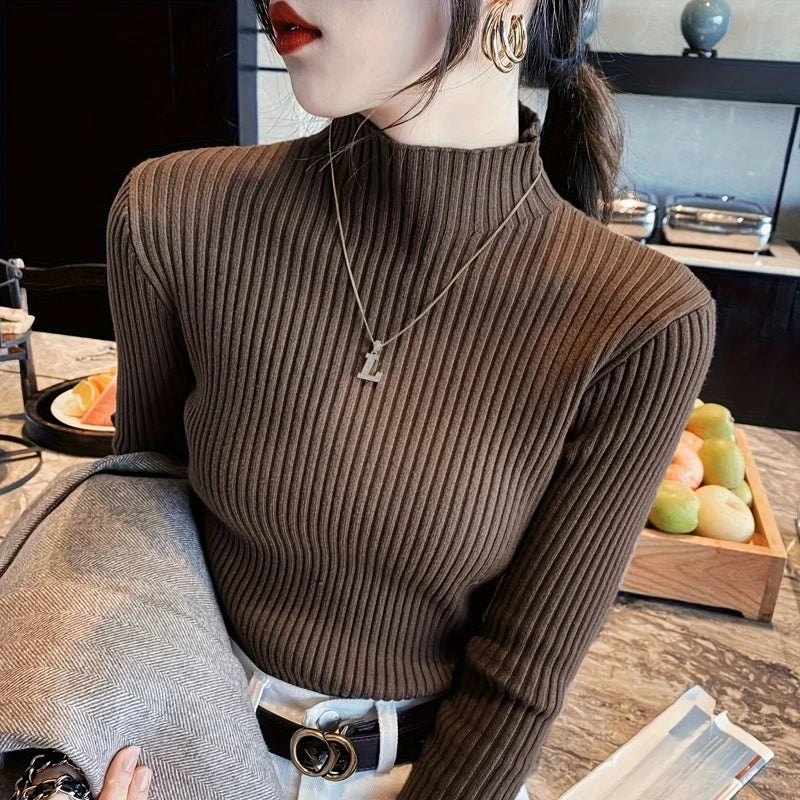 Women's Ribbed Mock Neck Long Sleeve Sweater Casual Knit Layer