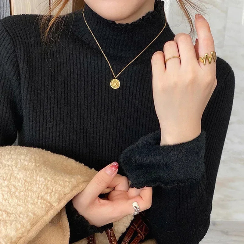 Women's Ribbed Mock Neck Flare Cuff Sweater Casual Knit Layer