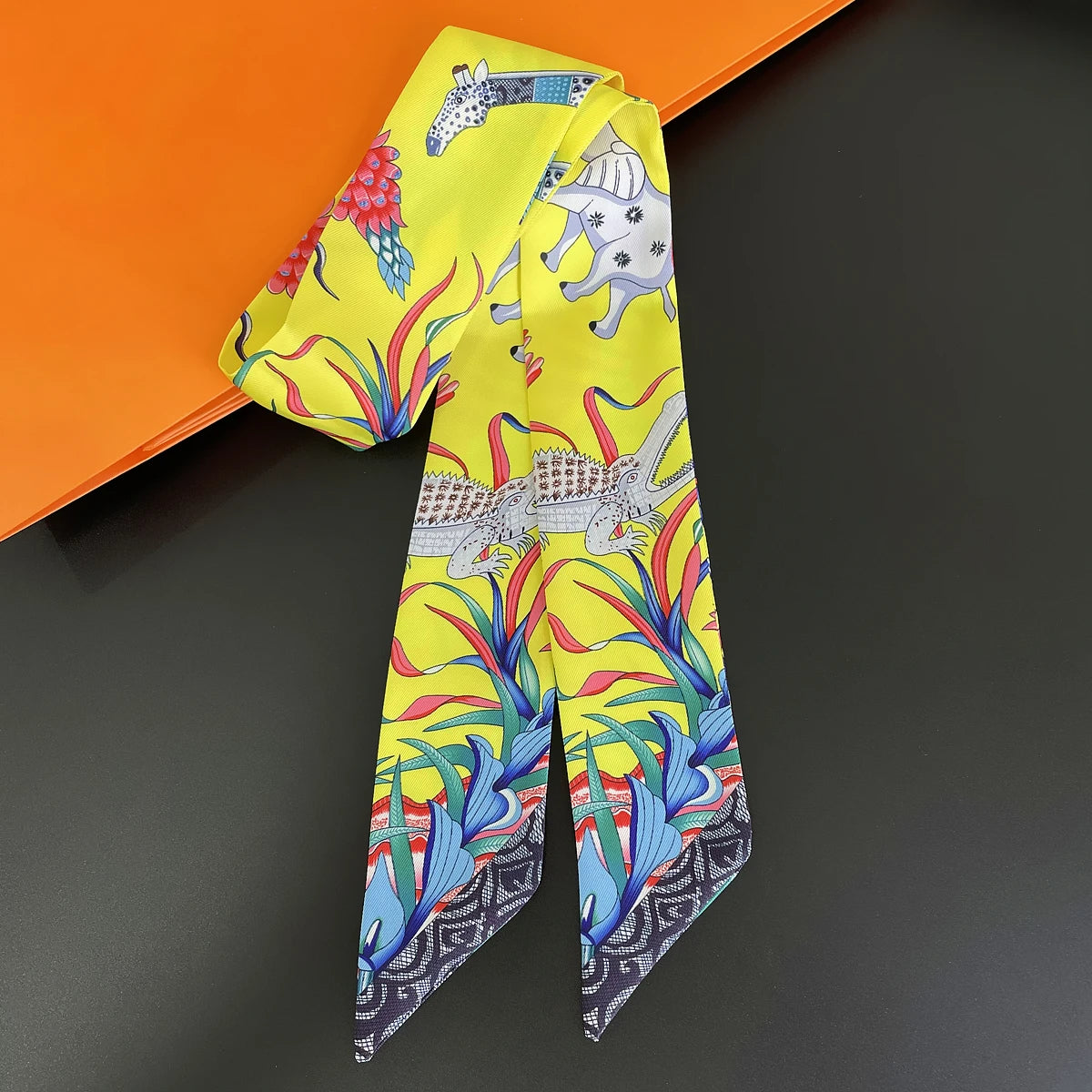 Colorful Printed Skinny Ribbon Scarf with Tie Ends