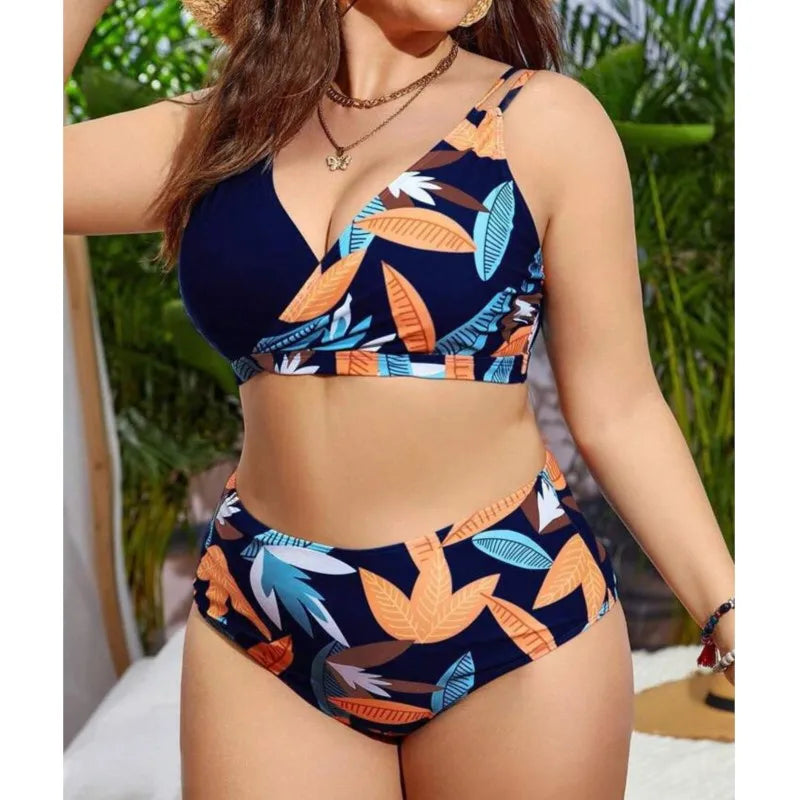 Women's Printed Contrast Panel Top and High Waist Bikini Set
