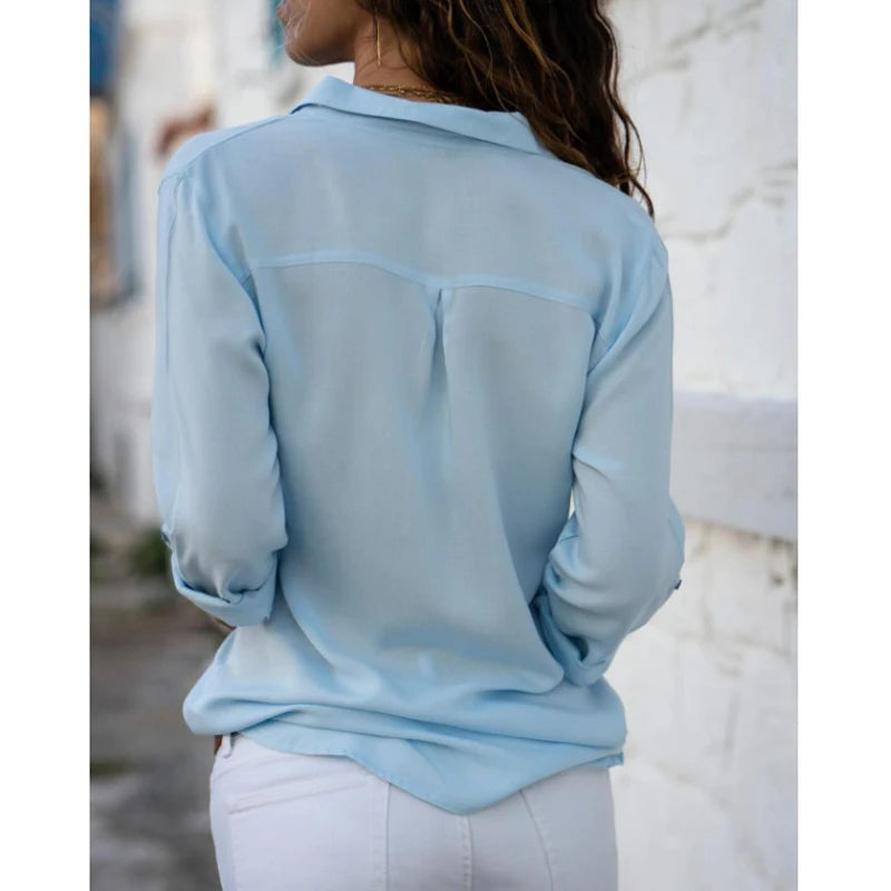 Women's Collared Roll Sleeve Button Front Shirt