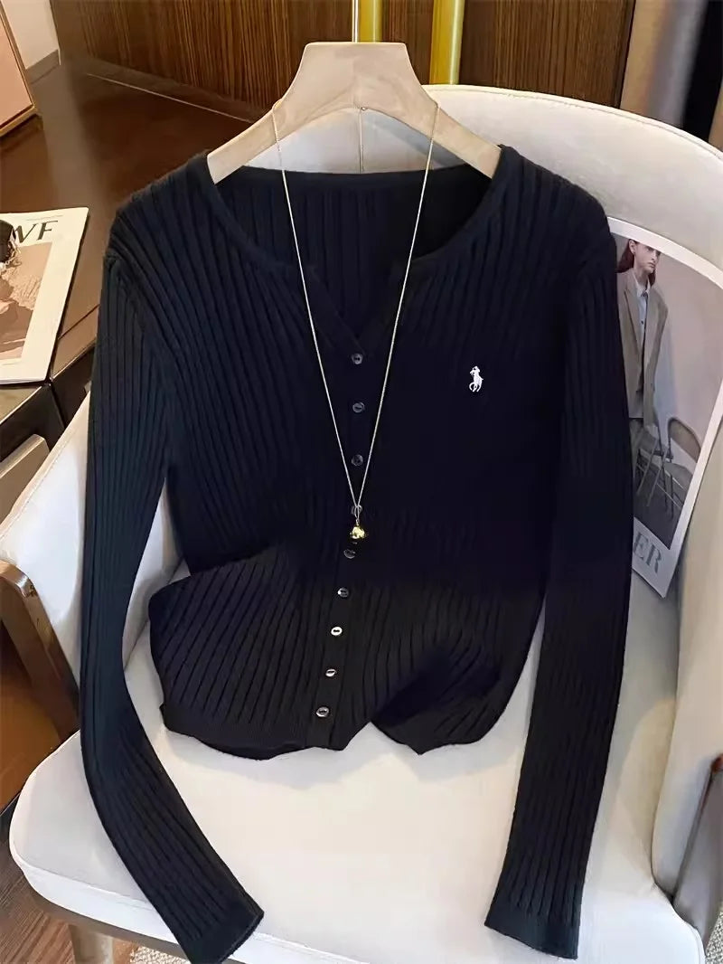 Women's Ribbed Crew Neck Button Front Cardigan Casual Knit Layer