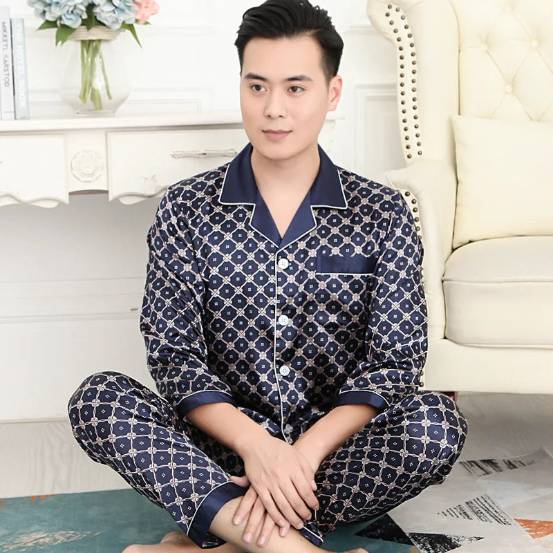 Men's Printed Lapel Button Front Shirt and Pants Pajama Set