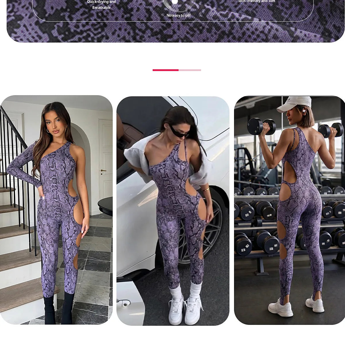 Women's Snakeskin Print Cutout Workout Jumpsuit with Crossed Back Straps