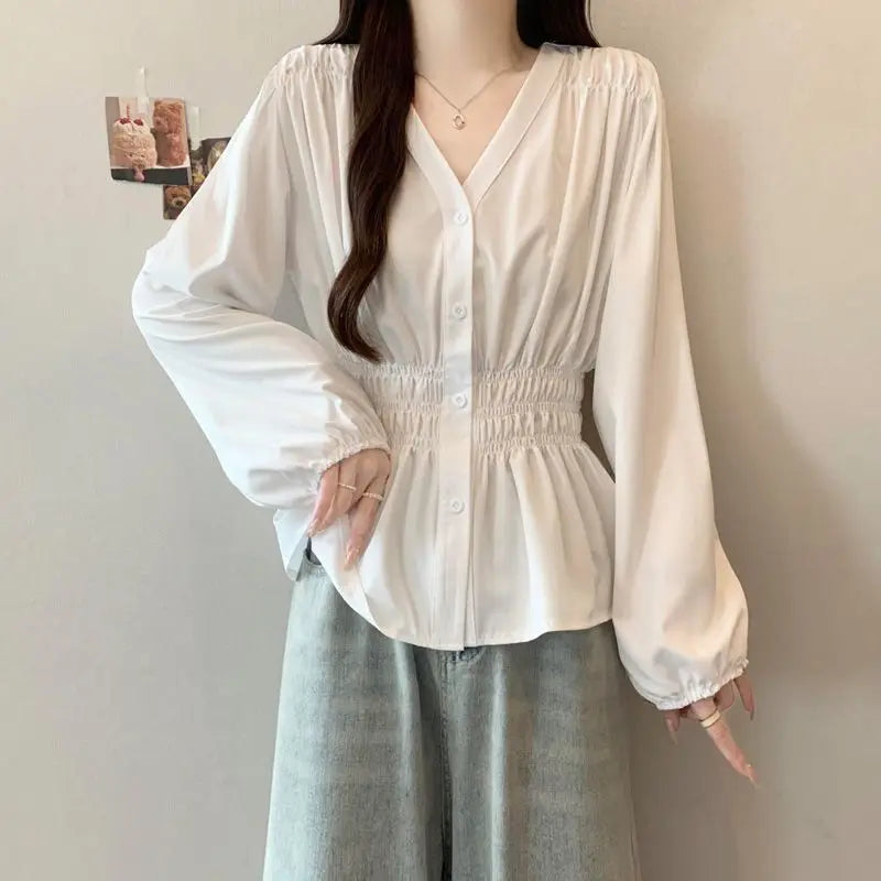 Women's Smocked Waist V Neck Button Front Blouse
