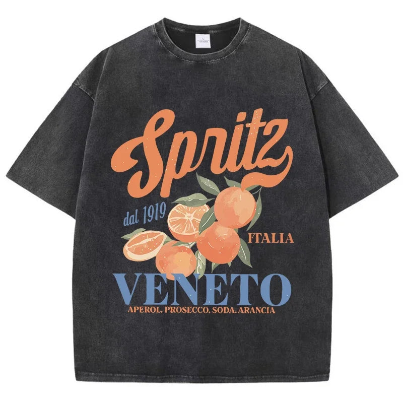 Orange Fruit Printed Washed T-shirt for Men Cotton T-shirt with Holes Round Neck Comfortable Top for Summer Men's Wear
