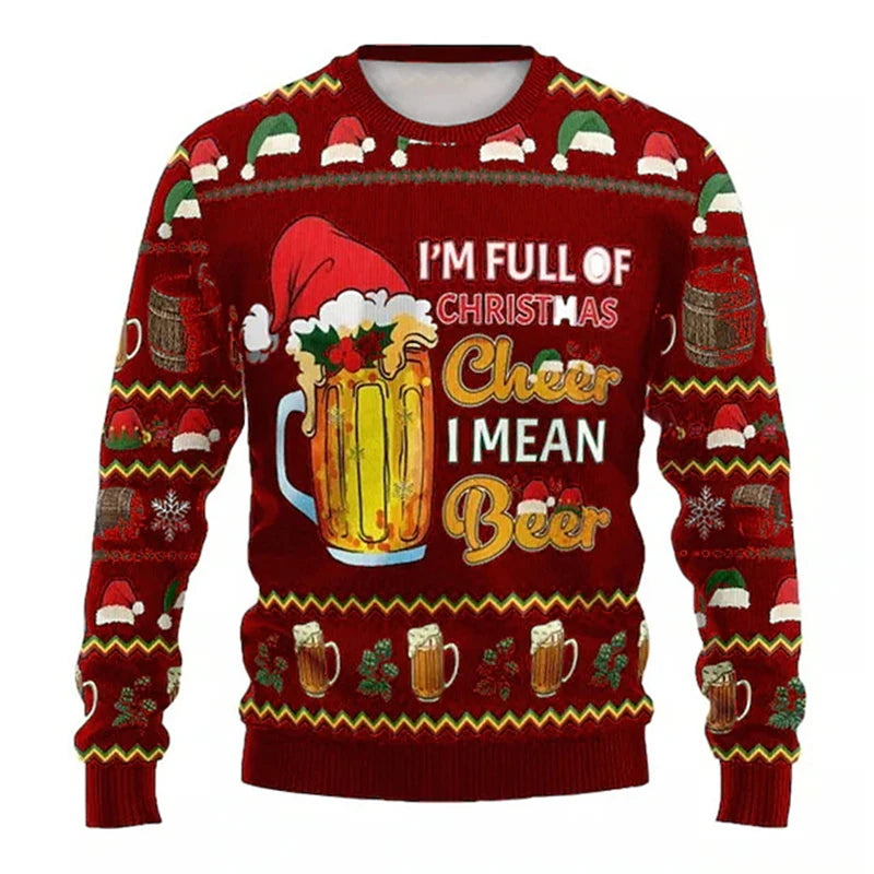 Beer-Graphic Christmas Crewneck Long-Sleeve Sweatshirt