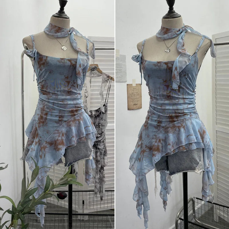 Women's Ruffled Polyester Camisole with Lace Trim and Asymmetric Style Options