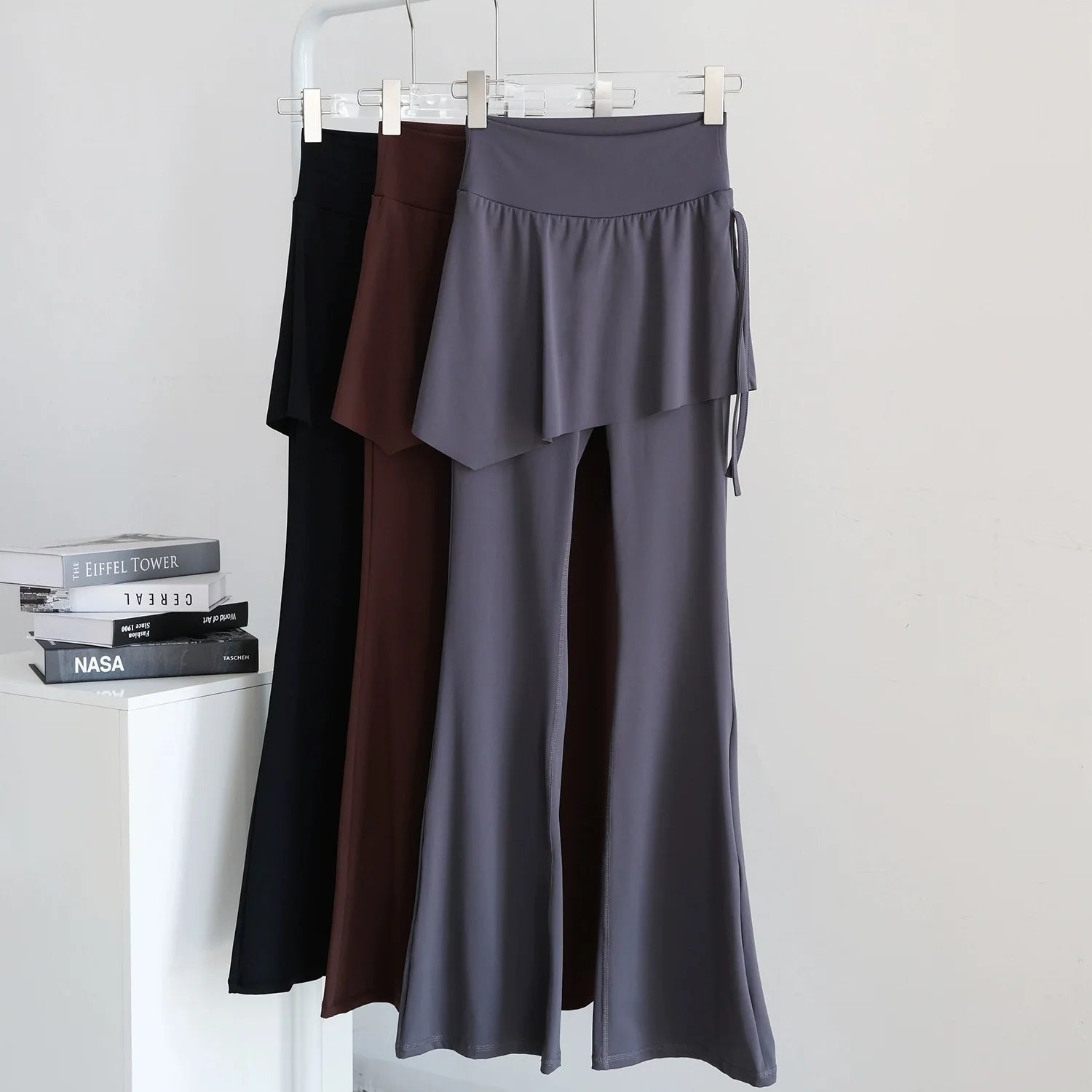 Women's Skirt Overlay Nylon Blend Flared Workout Pants with Side Tie Detail