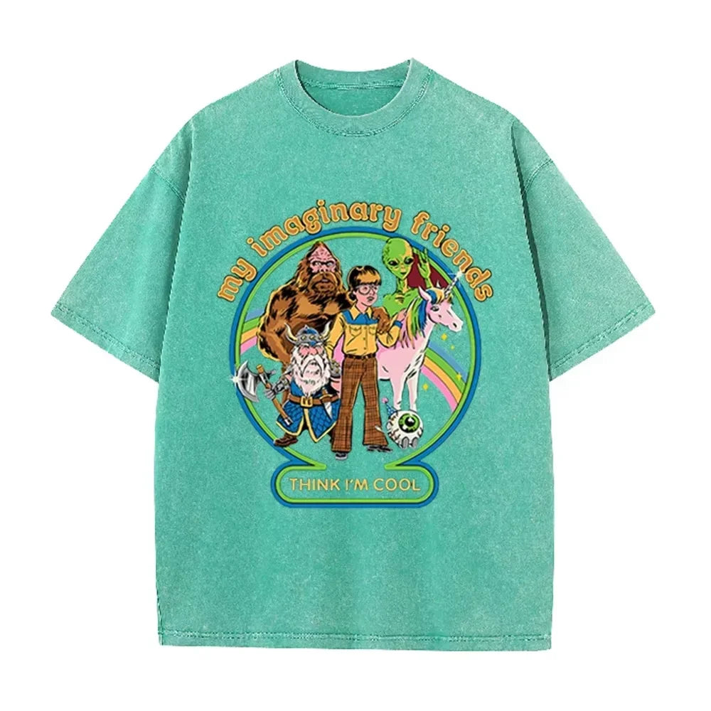 Brown Acid Wash Imaginary Friends Graphic Casual Retro Streetwear Tee