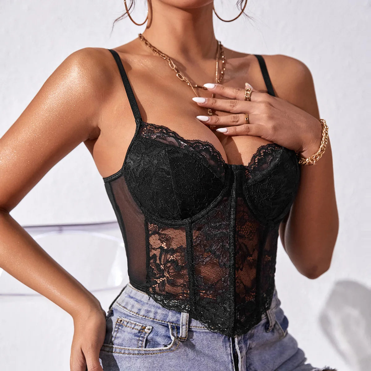 Women's Lace Bustier Crop Top with Underwire Cups and Thin Shoulder Straps
