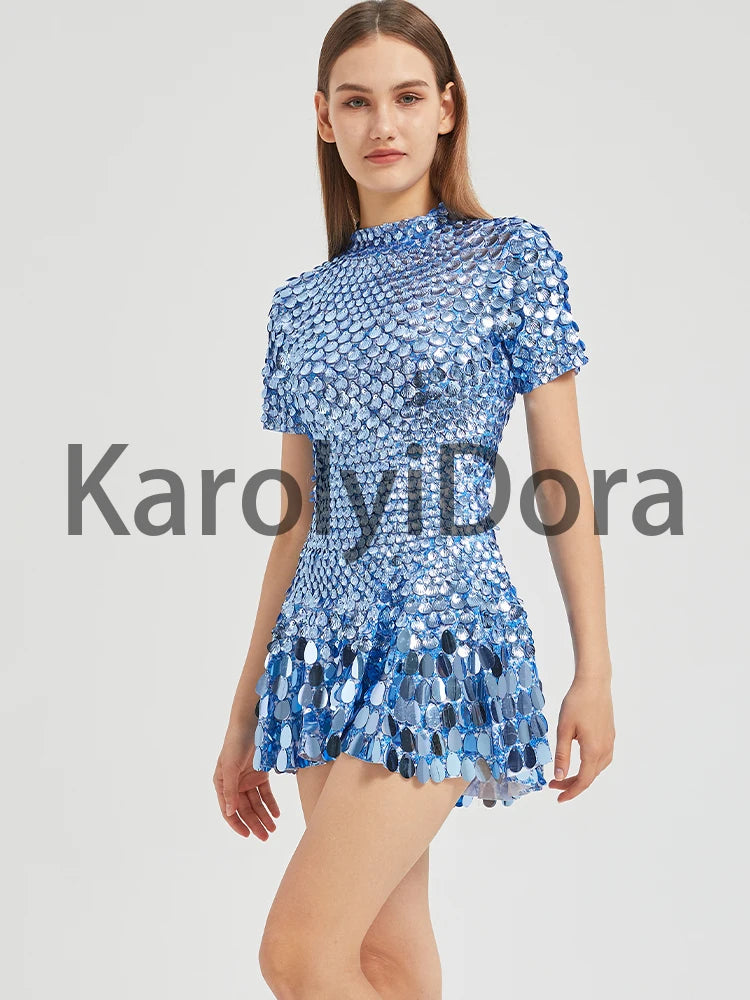 Women's Disc Sequin Mini Dance Dress with Short Sleeves and High Neck