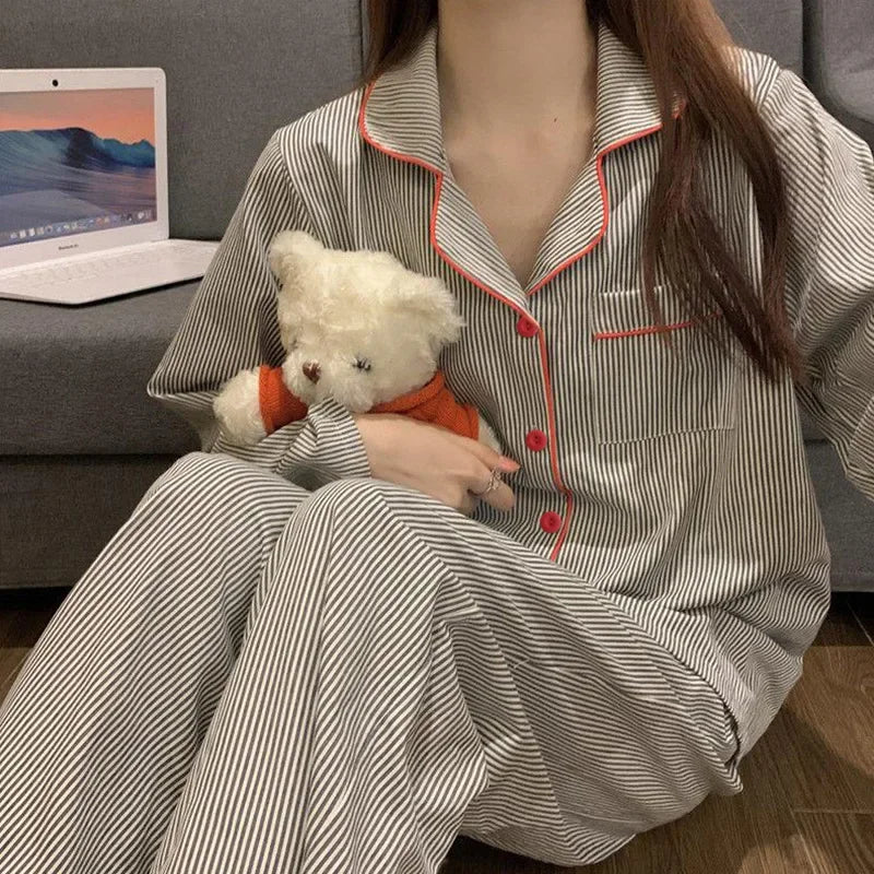 Women's Striped Button Front Long Sleeve Pajama Set with Top and Pants