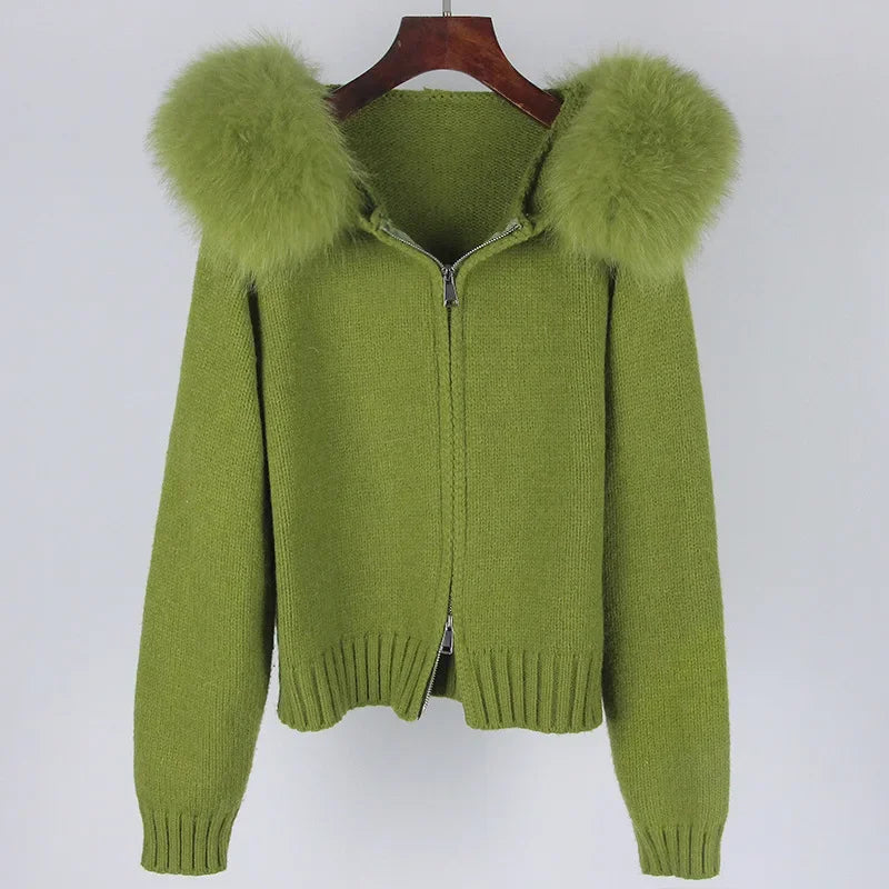 Women's Polyester Zip-Front Long-Sleeve Knit Jacket with Fox-Fur Collar for Winter Outfits