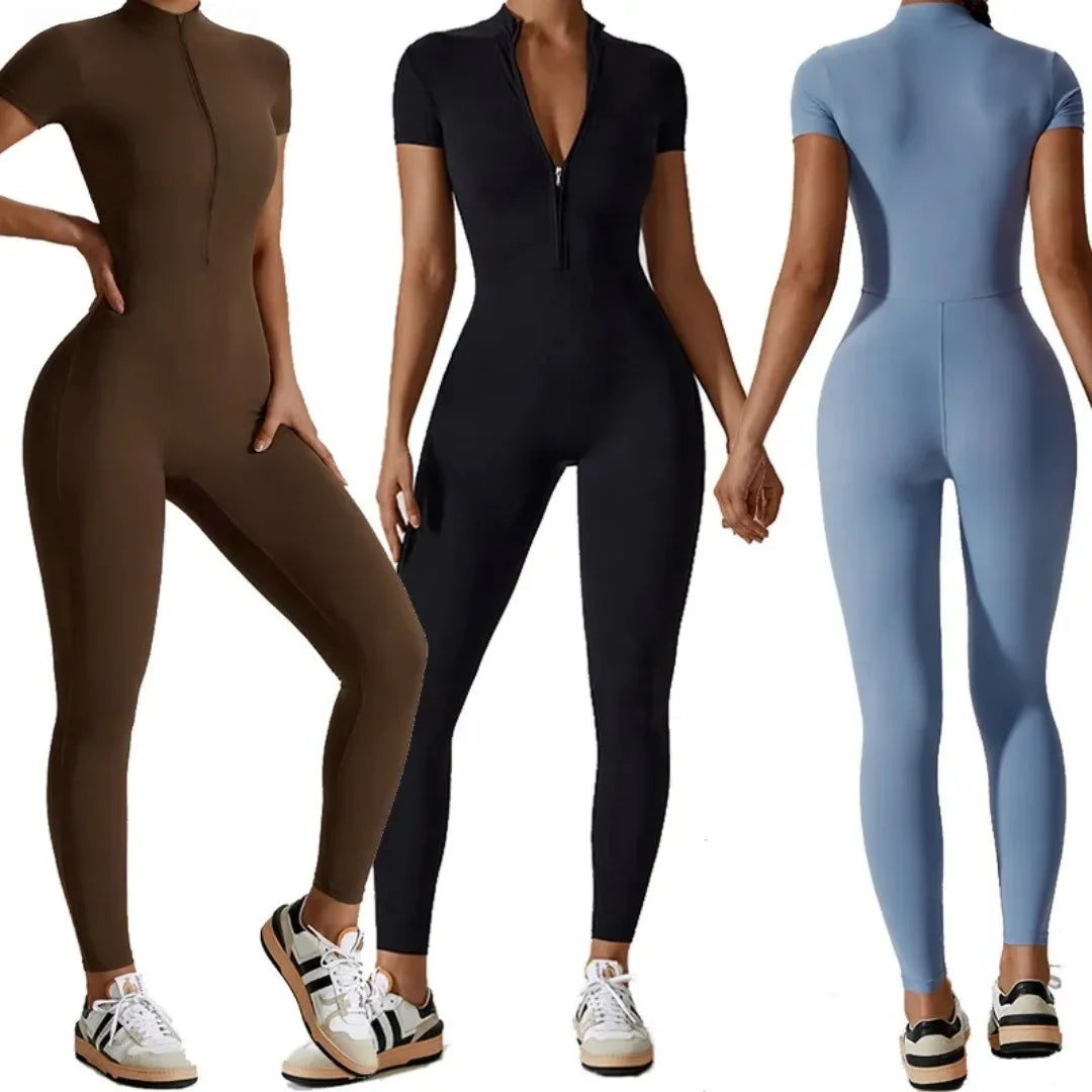 Women's Zip-Front Short-Sleeve Workout Jumpsuit