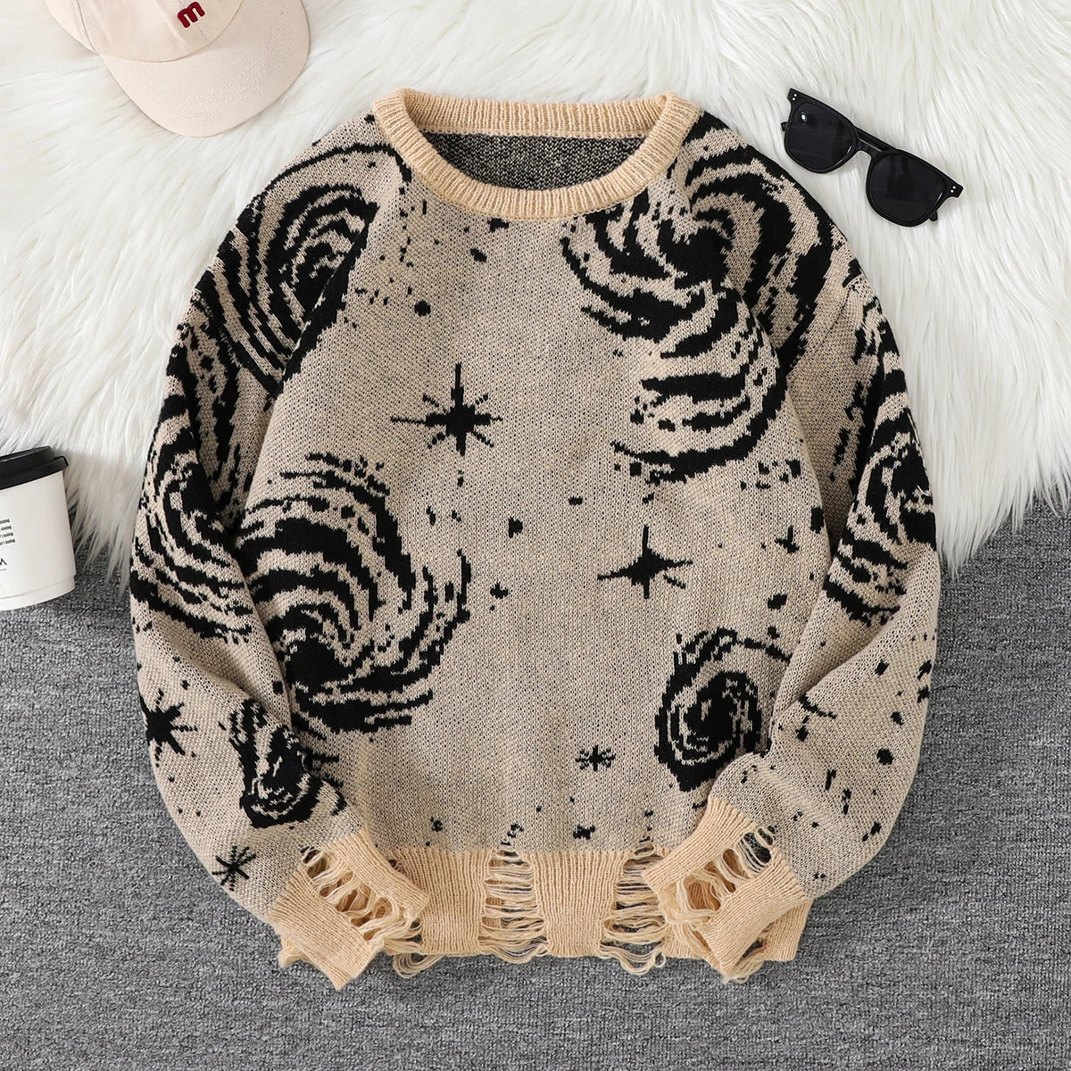 Men's Distressed Graphic Crew Neck Knit Sweater