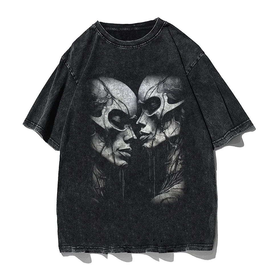 Japanese Cat Cartoon Graphic Baggy T-Shirt Men Streetwear