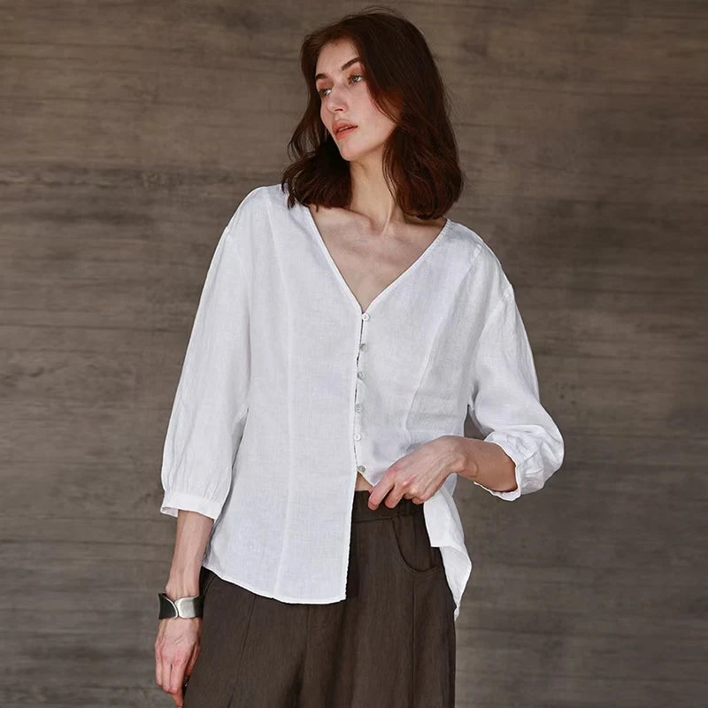 Women's Linen V-Neck Button-Up Shirt with Three-Quarter Sleeves for Casual Everyday Outfits