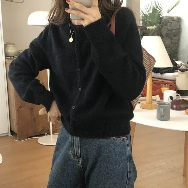 Women's Crew Neck Button Front Cardigan Casual Knit Layer