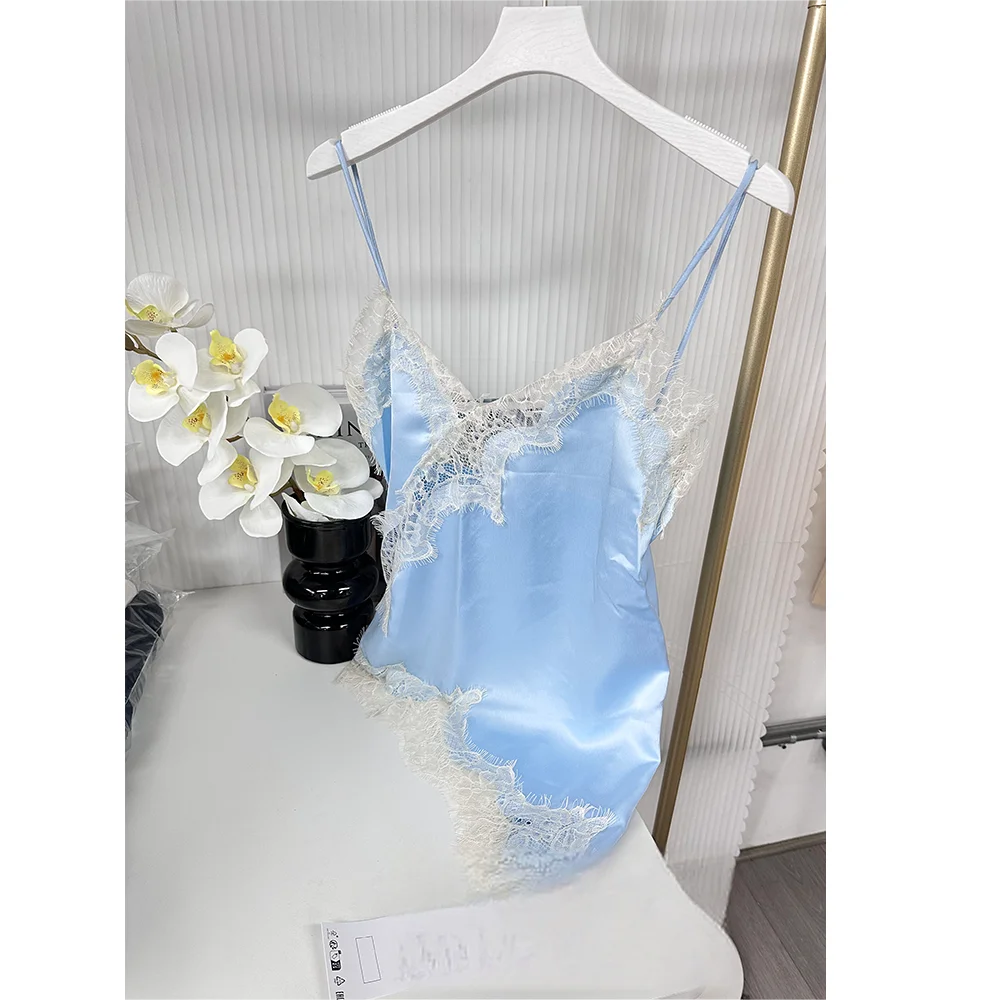 Women's Lace Trim Satin Polyester Camisole with Asymmetric Hem and Length Options