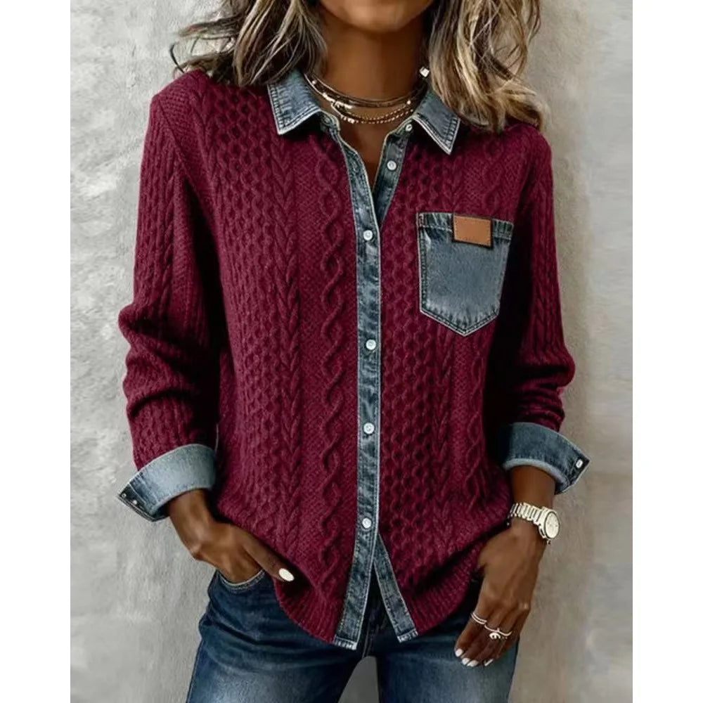 Women's Cable Knit Cardigan with Denim Look Panels