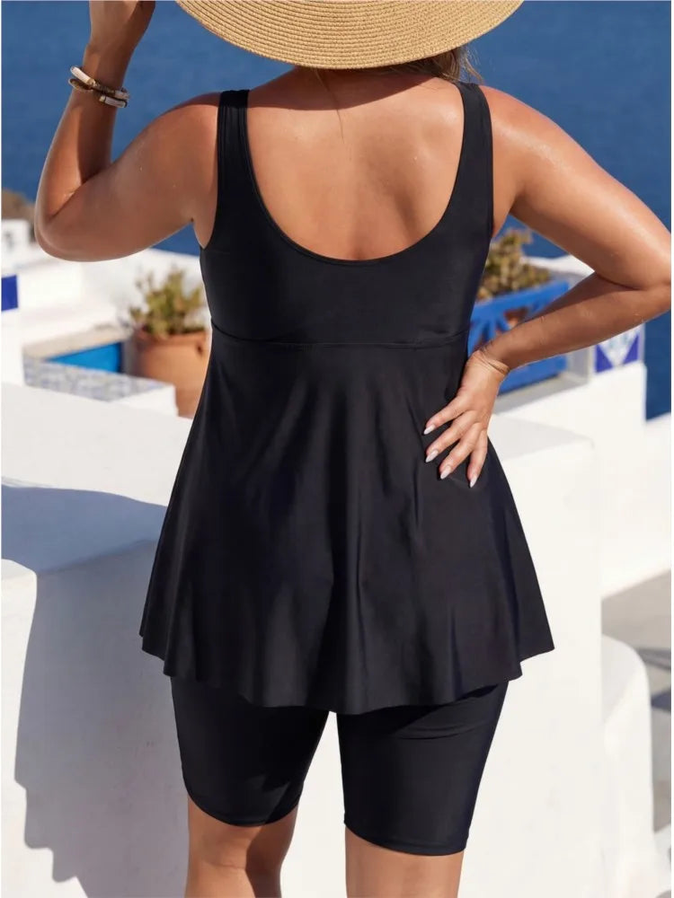 Women's Contrast Trim Swimdress Top and Long Shorts Set