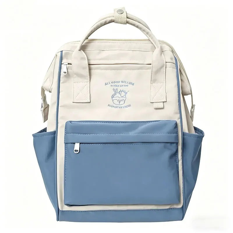 Colour Block Student Backpack with Twin Handles and Front Zipper Pocket