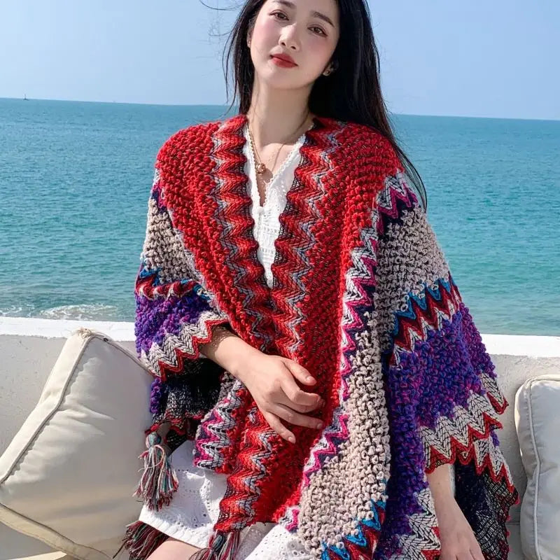 Zigzag Knit Fringe Poncho for Layering over Outfits