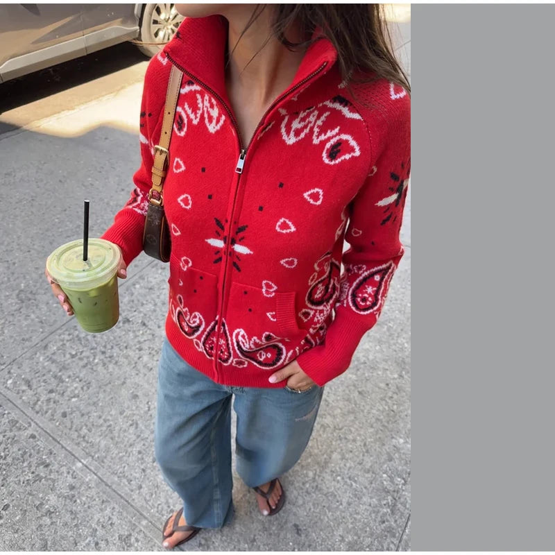Women's Patterned Zip And Button Front Cardigan Casual Knit Layer