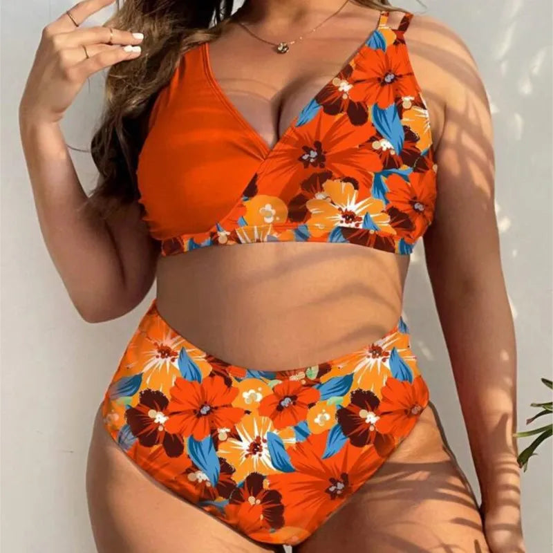 Women's Printed Contrast Panel Top and High Waist Bikini Set