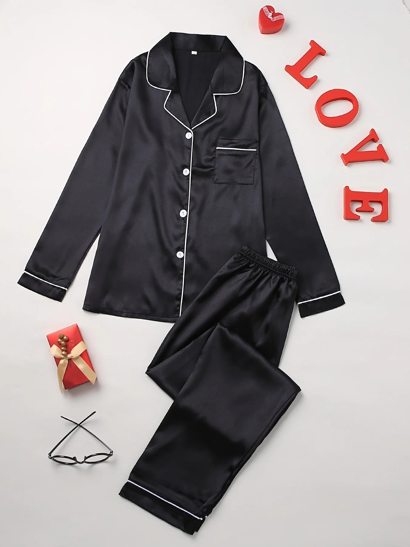 Women's Piped Button Front Long Sleeve Pajama Set with Top and Pants