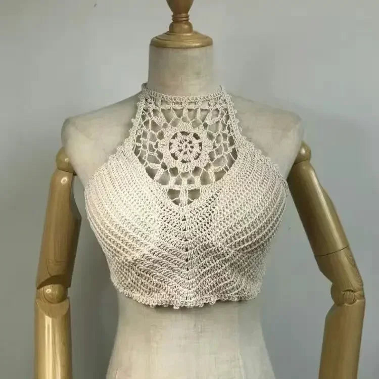 Women's Crochet Halter Crop Top with an Openwork Design and Fringe Hem