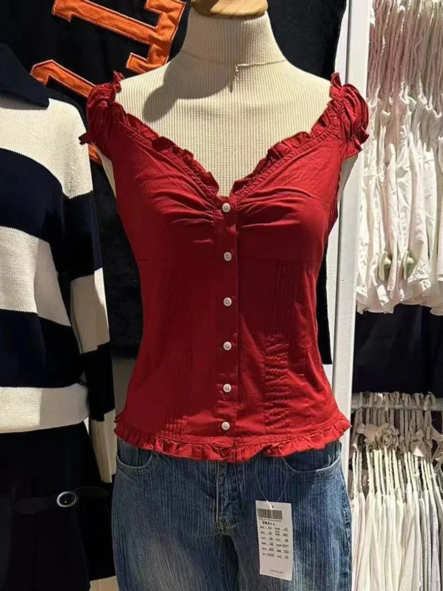 Women's Ruffled Cotton Sleeveless Blouse with Button Front and Mixed Pattern Options