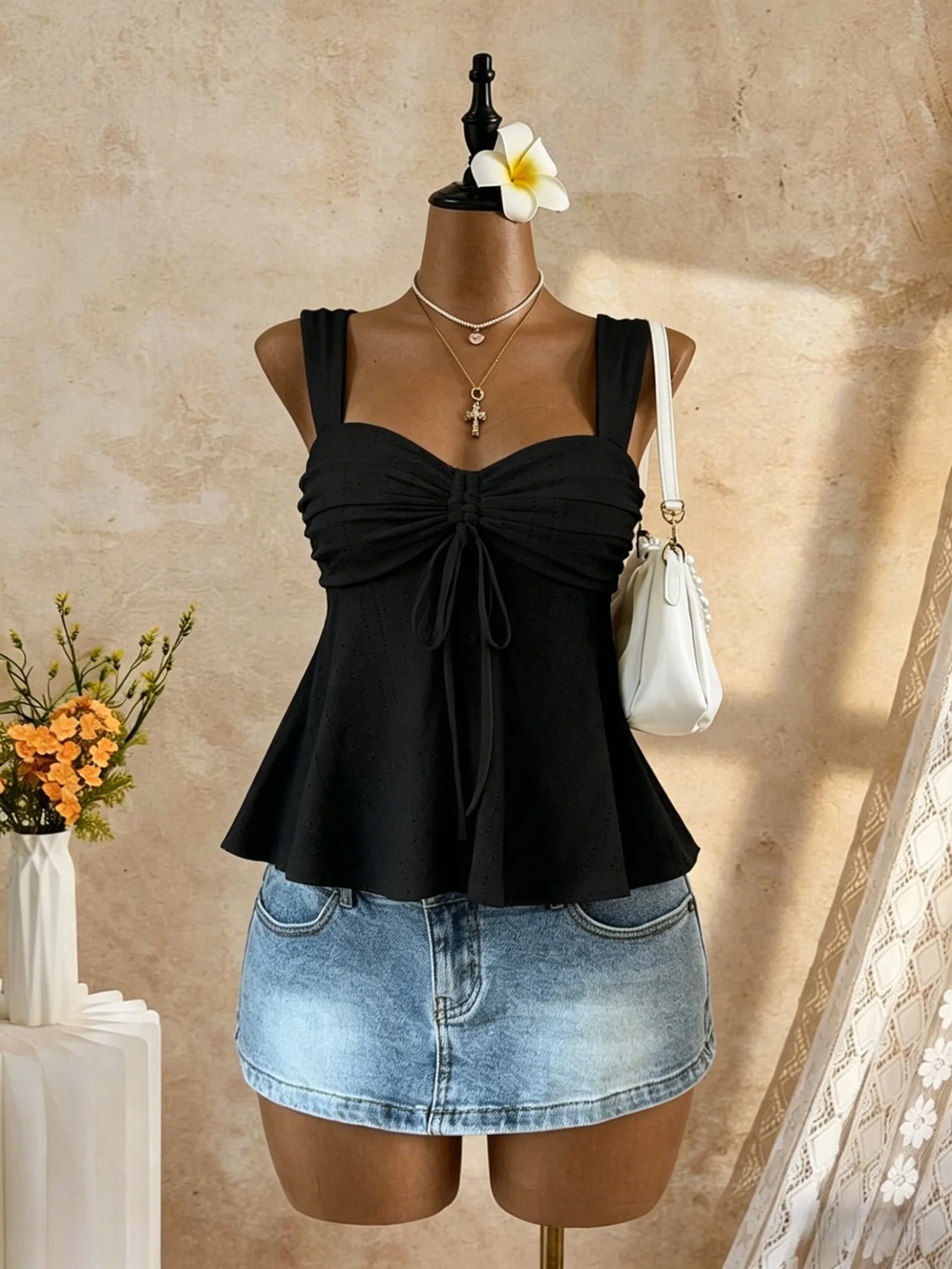 Women's Ruched Polyester Blend Peplum Camisole with Sweetheart Neck and Bow