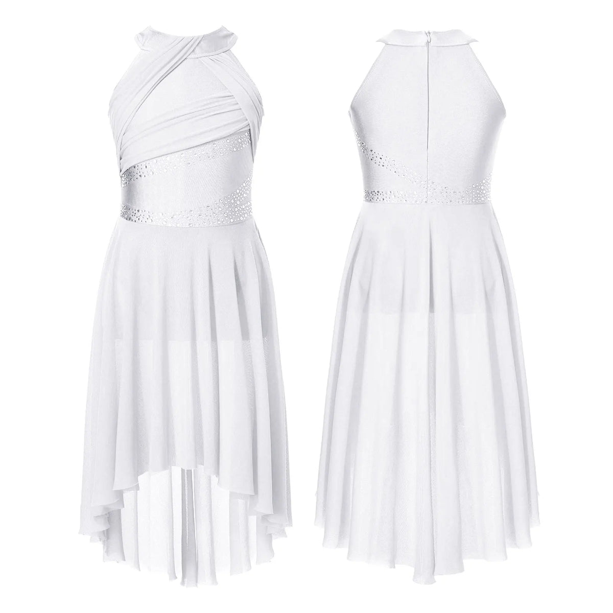 Girls' Sleeveless Rhinestone Ballet Dress with Asymmetric Mesh Skirt Overlay