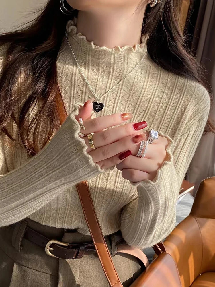 Women's Lettuce Trim Mock Neck Ribbed Sweater Casual Knit Layer